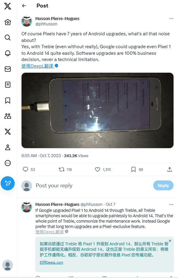 Project Treble立功第三方开发者为Pixel CQ9电子1手机刷入Android 14(图1)